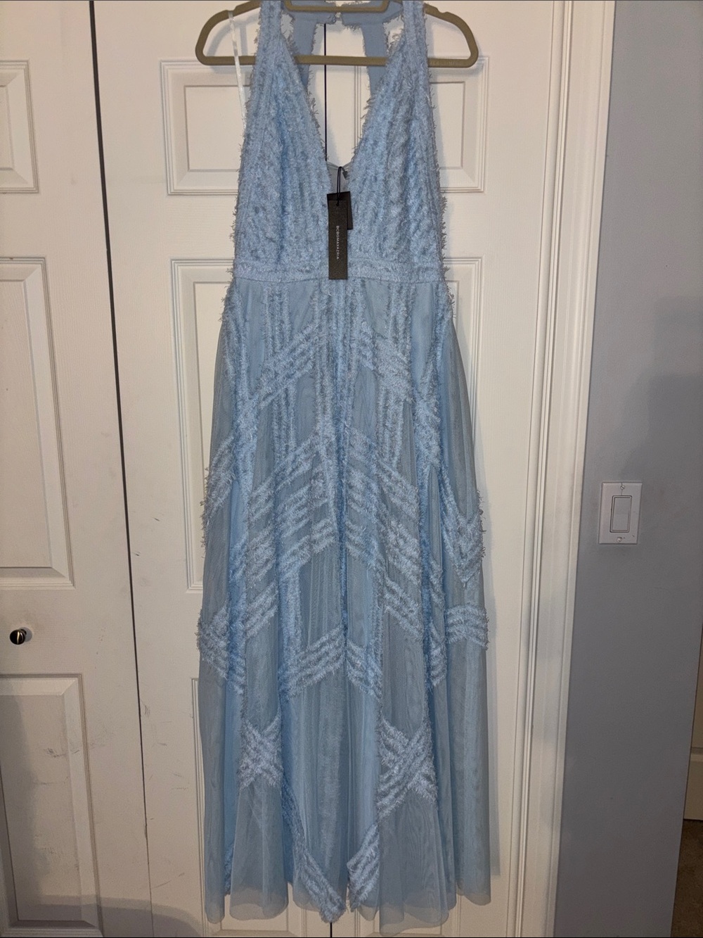 BCBGMaxAzria Light Blue Textured V-Neck Maxi Gown